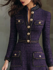 Vintage Buttons Chanel Style Tweed Midi Dress