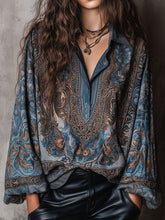 Retro Blue Bronze Baroque Paisley Print Loose Blouse