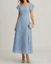 Dusty Blue Square Neck Flutter Sleeve Burnout Floral Back Tie Slit Midi Dress