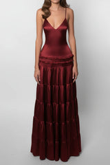 Deep V Backless Tiered Satin Maxi Dress