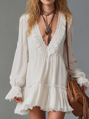 Vintage Lace-trimmed Ruffle Neck Pleated Mini Dress