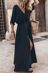 Soft and Elegant Kimono Sleeve Stretchy Waist Pocketed Slit Maxi Dress