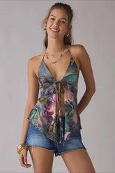 Chiffon Tie Halter Ruffle Blouse
