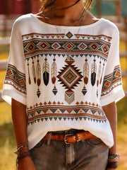 White Native American Feather Totem Print Top - Tribal Geometric Tee