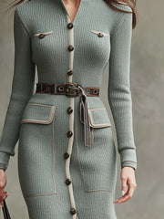 Vintage Pocket Contrast Trim Knit Midi Dress