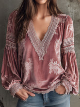 Romantic V-Neck Rose Velvet Blouse With Lace Trim