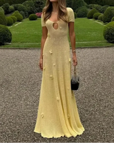 Cream Yellow 3D Flower U-Neck Cutout Knit Backless Maxi Dress