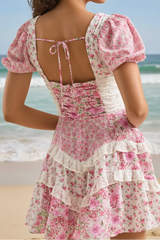 Pink Floral Puff Sleeve Ruffle Mini Dress