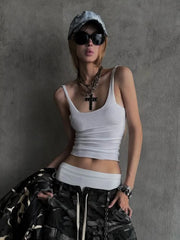 Bohemian Style Spicy Girl U-Neck Fitted White Crop Tank Top