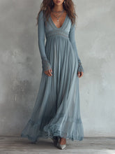 Bohemian Holiday Knitted Chiffon Pleated Lace Splicing Maxi Dress