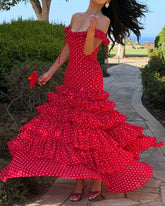 Polka Dot Off-Shoulder Tiered Ruffle Chiffon Maxi Dress