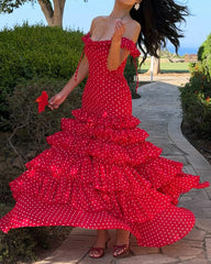 Polka Dot Off-Shoulder Tiered Ruffle Chiffon Maxi Dress