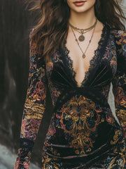 Retro V-neck Lace Trim Floral Print Polyester Velvet Mini Dress