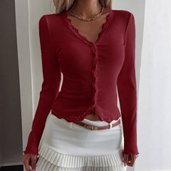 V-neck Lace Stitching Anti-stripe Cardigan