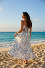 Blue Toile Floral Tiered Ruffle Open Back Maxi Dress