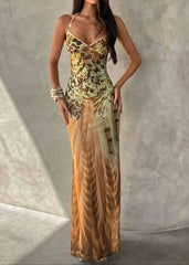 Printed V Neck Cami Slim Bodycon Maxi Dress