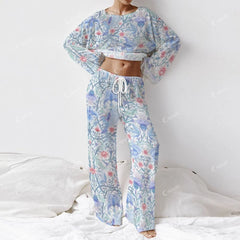 Colordate Women's Blue Flower And Bird Print Long Sleeve Cotton Homewear Set