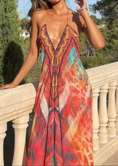 Tribal Print Lace-Trim Halter Maxi Dress