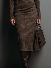 High Neck Long Sleeve Suede Midi Dress