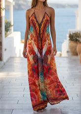 Tribal Print Lace-Trim Halter Maxi Dress