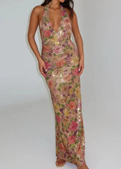 Floral Sequin Halter Gown - Backless Slim-Fit Lady-like Maxi Dress