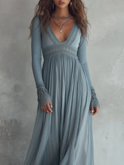 Bohemian Holiday Knitted Chiffon Pleated Lace Splicing Maxi Dress