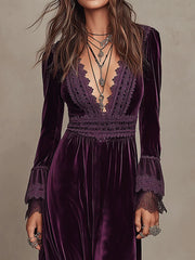Elegance Boho Velvet Deep-V Lace Bohemian Maxi Dress