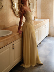 Eyelash Lace Corset Lace-Up Back Chiffon Maxi Dress