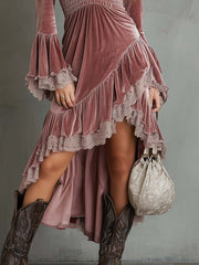Retro-style Irregular Hem Lace Trim Polyester Velvet Midi Dress