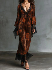 Boho Deep V Neck Floral Print Velvet Gown Dress With Lace Trim