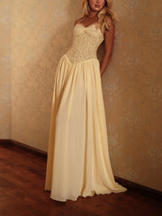 Eyelash Lace Corset Lace-Up Back Chiffon Maxi Dress