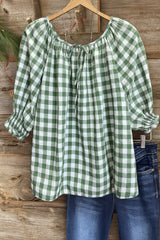 Cotton Plaid Gathered Cuff Top