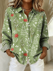 Women's Casual Christmas Print Lapel Long Sleeve Shirt