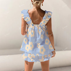 Colordate Yellow Floral Print Short Tank Top Shorts Pajama Set