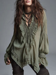 Bohemian-style Chiffon Blouse With Lace Trim