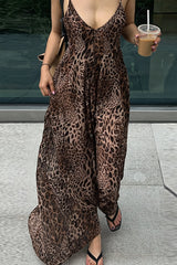 Leopard Print V Neck Backless Cami Vacation Maxi Dress