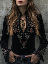 Boho Luxe Black Velvet Floral Embroidered Top