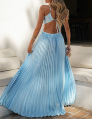Criss Cross Spaghetti Strap Cutout Open Back Pleated Satin Maxi Dress