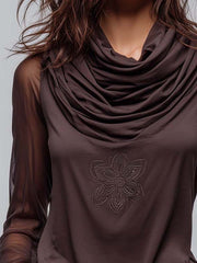 Draped Cowl-Neck Top With Sheer Mesh Sleeves And Embroidered Motif