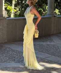 Halter Ruched Waist Tulle Mermaid Gown