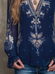 Bohemian Style Navy Blue Printed Chiffon Lace Trim Blouse