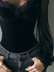 Chic Black Velvet Sheer Sleeves Corset Top With Lace Trim
