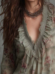 Vintage Floral Ruffle-Lace Chiffon Blouse