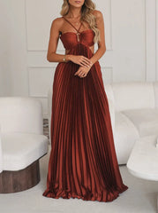 Criss Cross Spaghetti Strap Cutout Open Back Pleated Satin Maxi Dress