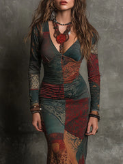 Bohemian Ethnic Print Cotton Blend Slim Fit Fishtail Maxi Dress