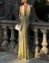 Halter Deep V Twist Satin Maxi Dress