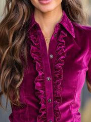 Vintage Hot Pink Velvet Ruffle Long Sleeve Button-Up Blouse
