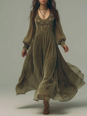 Retro Lantern Sleeve Embroidered Chiffon Maxi Dress