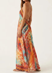 Tribal Print Lace-Trim Halter Maxi Dress