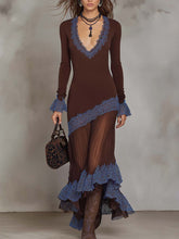 Retro Sheer Pleated Hem Lace Trim Midi Dress